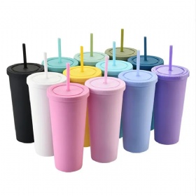 Solid Conical 24OZ Spot Large Capacity Water Cup Bottles Frosted Double Layer Plastic Straw Tumbler Portable Handy Cups with lid