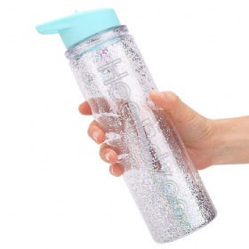 Double Wall BPA Free Glitter Plastic Drinking Water Bottle Glitter Bottles Plastic Water Bottle with Straw Great Gifts