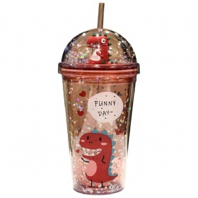 New Creative Summer Dinosaur Sequin Plastic Straw Cup Unicorn Cartoon Double-layer Lighted Gift Water Bottle